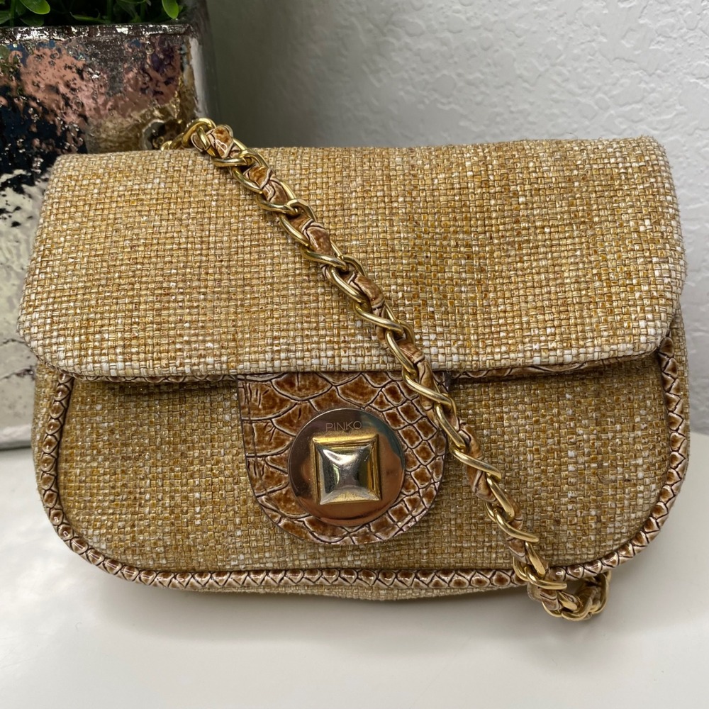 Pinko Womens Crossbody‎ Bag Gold Chain Straw Look Tan and Gold